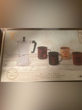Yellowstone Kitchen White Stovetop Coffee Percolator with Assorted Enamel Mugs